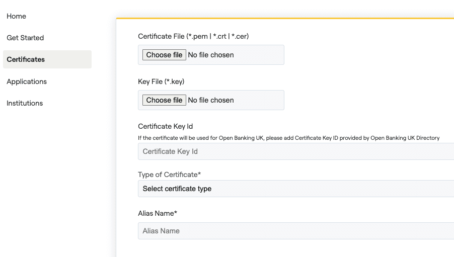 Yapily Certificate upload